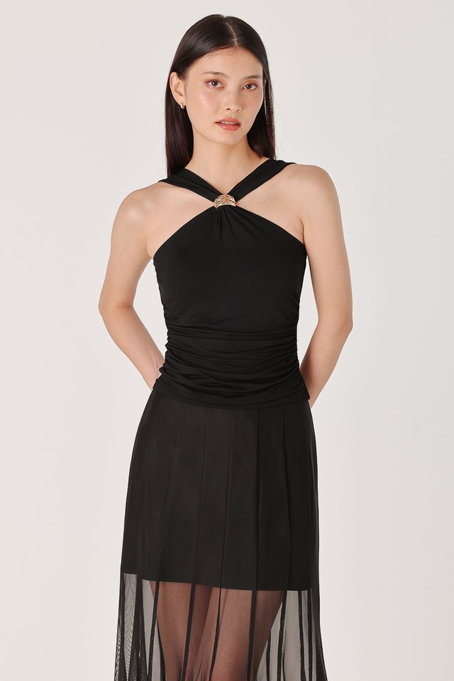 LIORA PADDED METAL ORNAMENT HALTER TOP (BLACK)