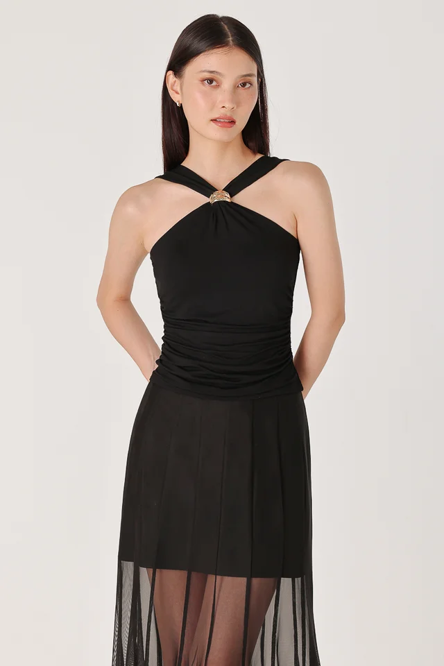 LIORA PADDED METAL ORNAMENT HALTER TOP (BLACK)