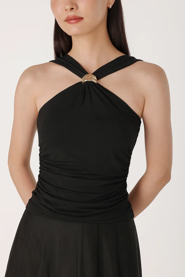 LIORA PADDED METAL ORNAMENT HALTER TOP (BLACK)