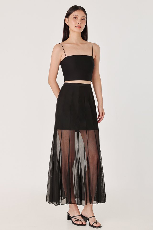 LUCILLE MESH PANELLED FLARE MAXI SKIRT - REGULAR (BLACK)
