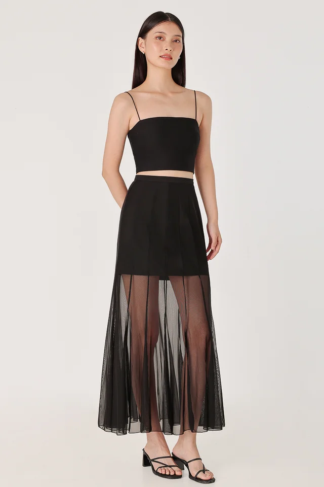 LUCILLE MESH PANELLED FLARE MAXI SKIRT - REGULAR (BLACK)