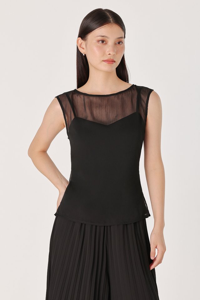 ELISSE PADDED SHEER OVERLAY TWO-PIECE CAMI TOP (BLACK)