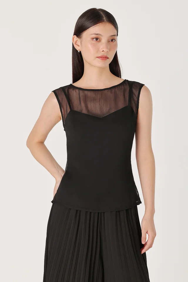 ELISSE PADDED SHEER OVERLAY TWO-PIECE CAMI TOP (BLACK)