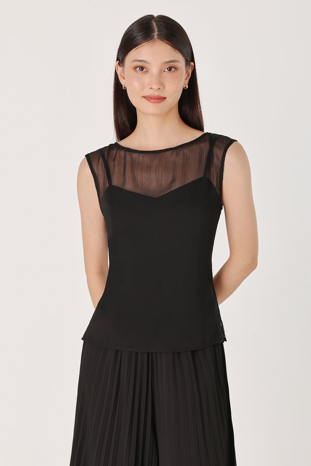 ELISSE PADDED SHEER OVERLAY TWO-PIECE CAMI TOP (BLACK)