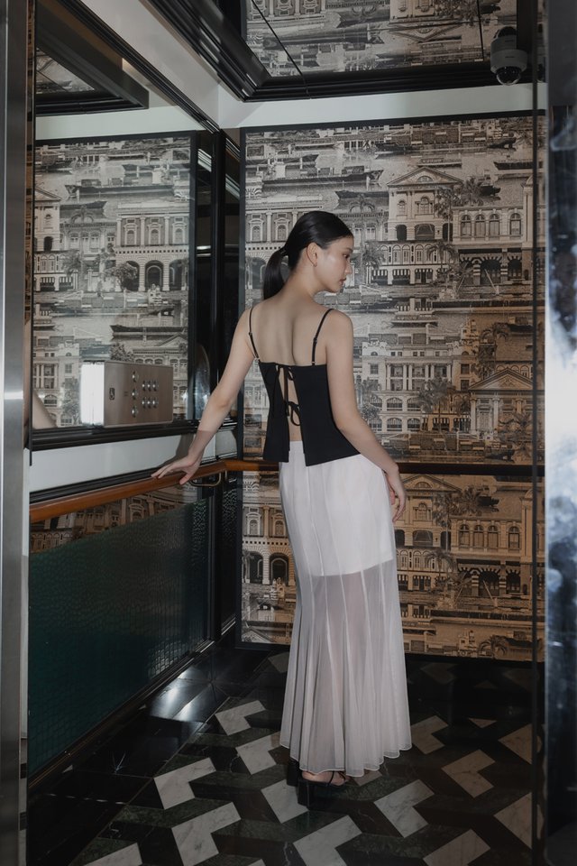 LUCILLE MESH PANELLED FLARE MAXI SKIRT - PETITE (WHITE)