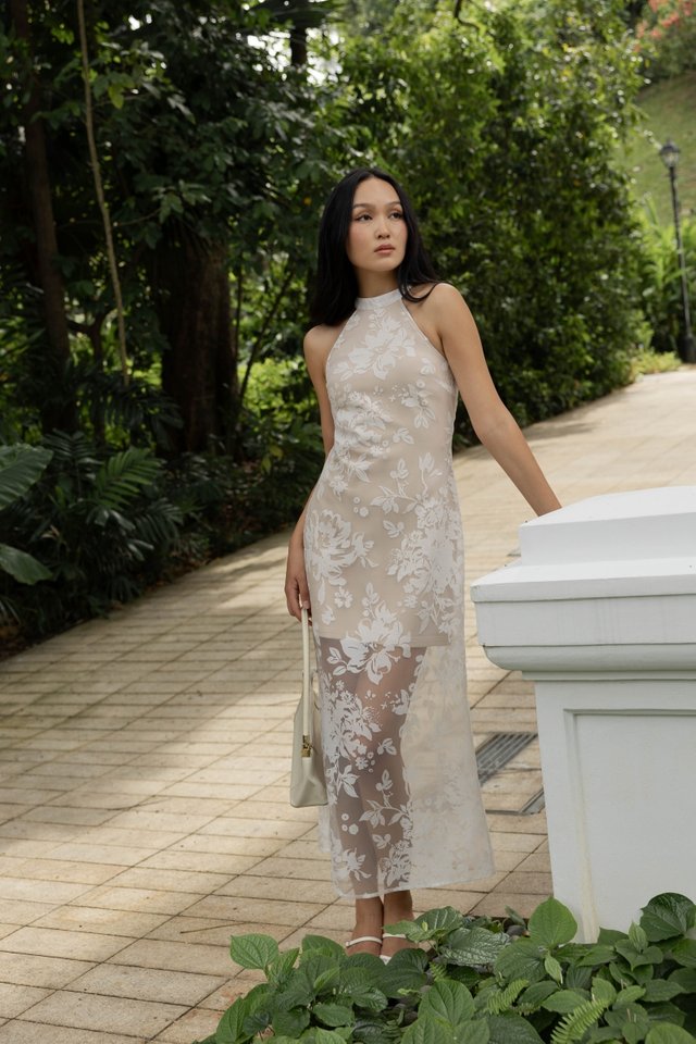 AVANA PADDED FLORAL JACQUARD ORGANZA HALTER MAXI DRESS