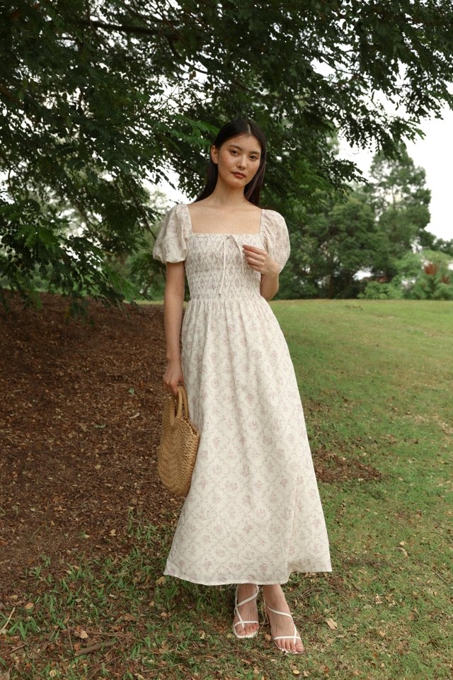 DAHLIA FLORAL SMOCKED RIBBON PUFF SLEEVE MAXI DRESS