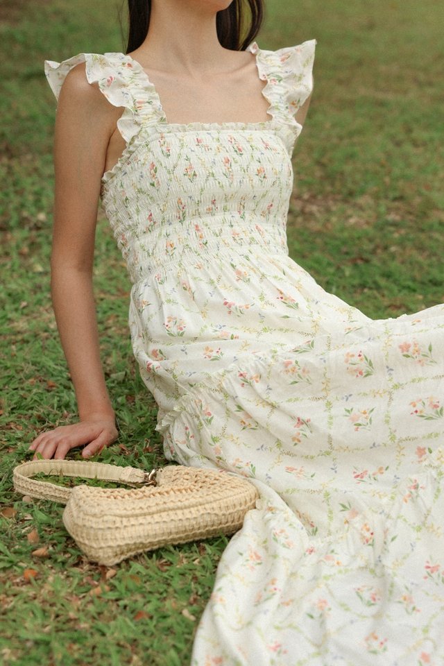 PRIMROSE PADDED FLORAL SMOCKED FLARE RUFFLE TIERED MAXI DRESS