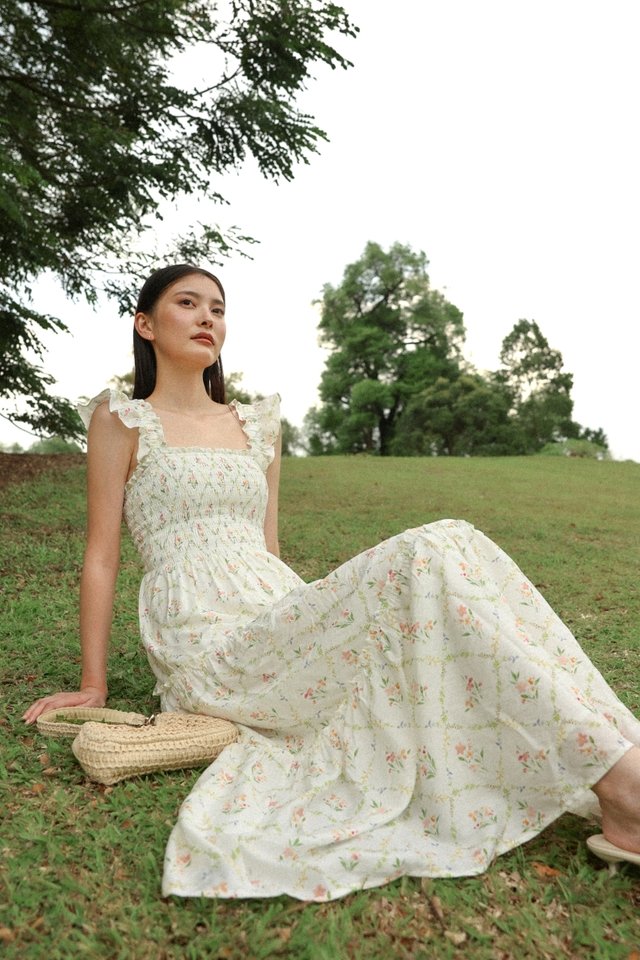 PRIMROSE PADDED FLORAL SMOCKED FLARE RUFFLE TIERED MAXI DRESS
