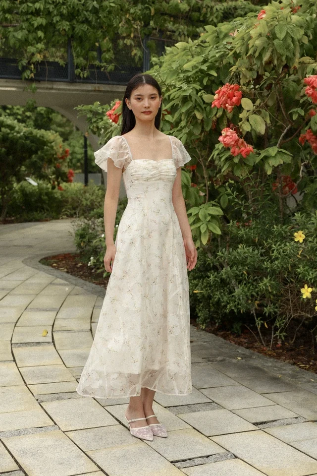 ROSINA PADDED JACQUARD CHIFFON FLORAL RUCHED FLUTTER MAXI DRESS