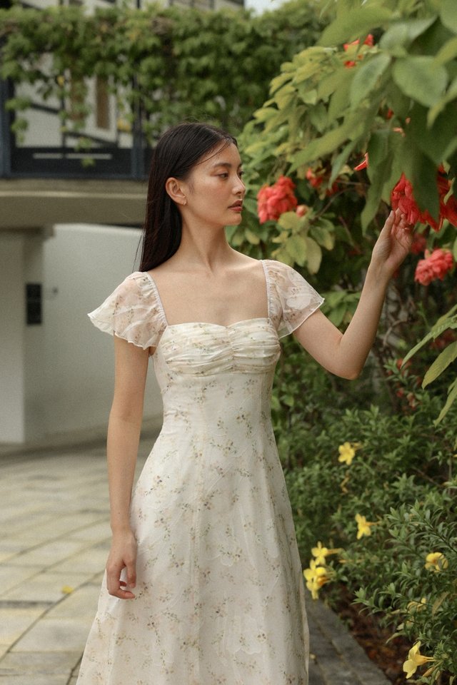 ROSINA PADDED JACQUARD CHIFFON FLORAL RUCHED FLUTTER MAXI DRESS