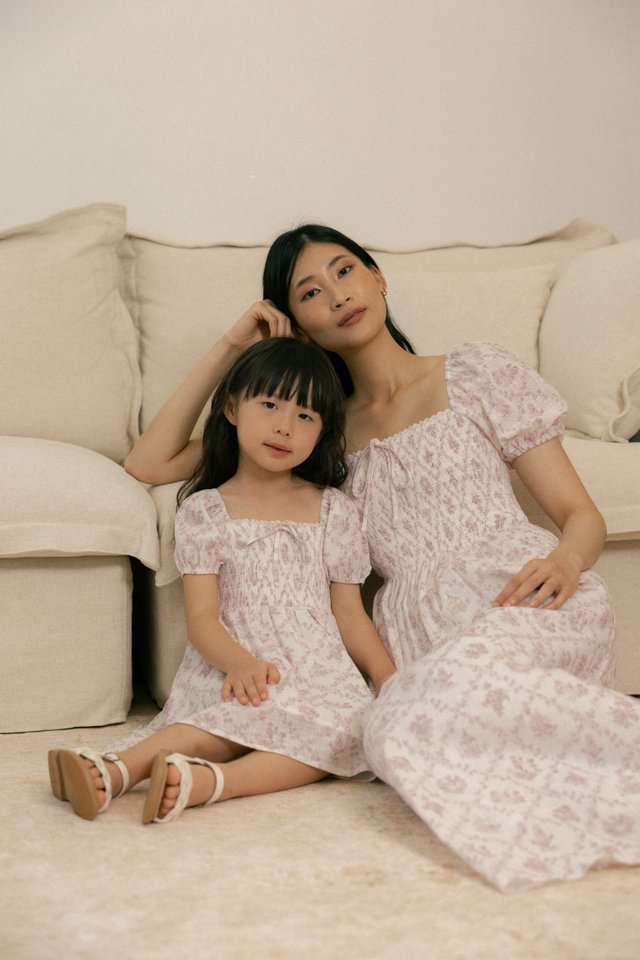 DAHLIA FLORAL SMOCKED RIBBON PUFF SLEEVE DRESS - MINI GIRL