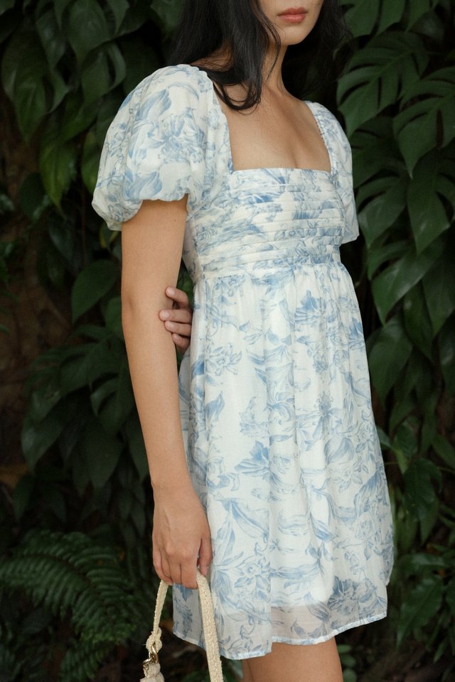 BOTANICAL PADDED FLORAL PLEATED BUBBLE SLEEVE BABYDOLL SKORTS DRESS