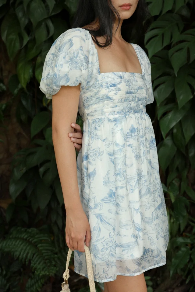 BOTANICAL PADDED FLORAL PLEATED BUBBLE SLEEVE BABYDOLL SKORTS DRESS