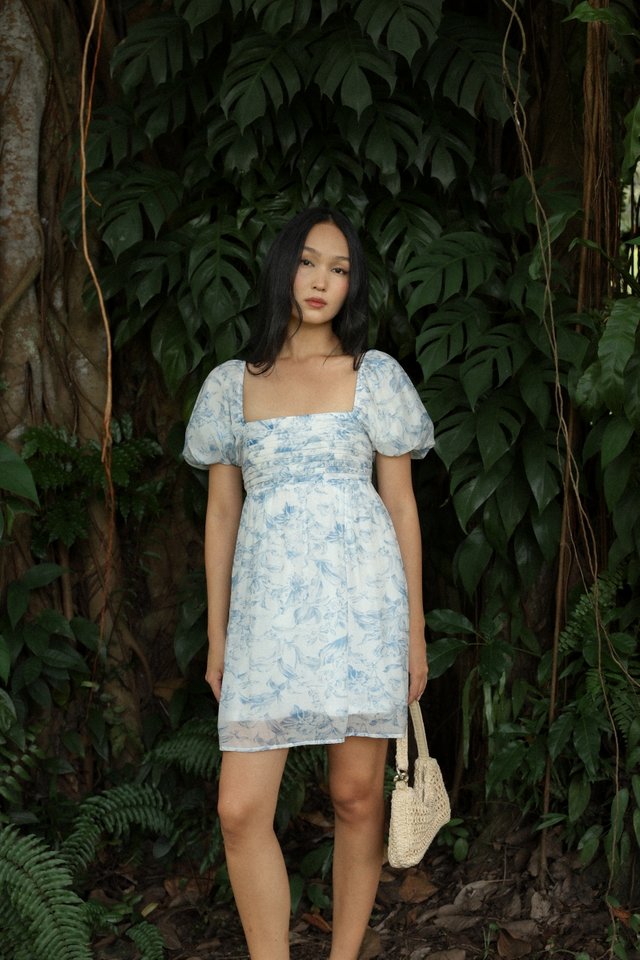 BOTANICAL PADDED FLORAL PLEATED BUBBLE SLEEVE BABYDOLL SKORTS DRESS