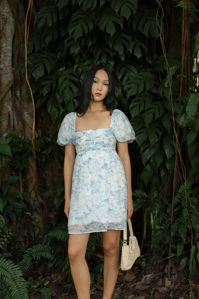 BOTANICAL PADDED FLORAL PLEATED BUBBLE SLEEVE BABYDOLL SKORTS DRESS