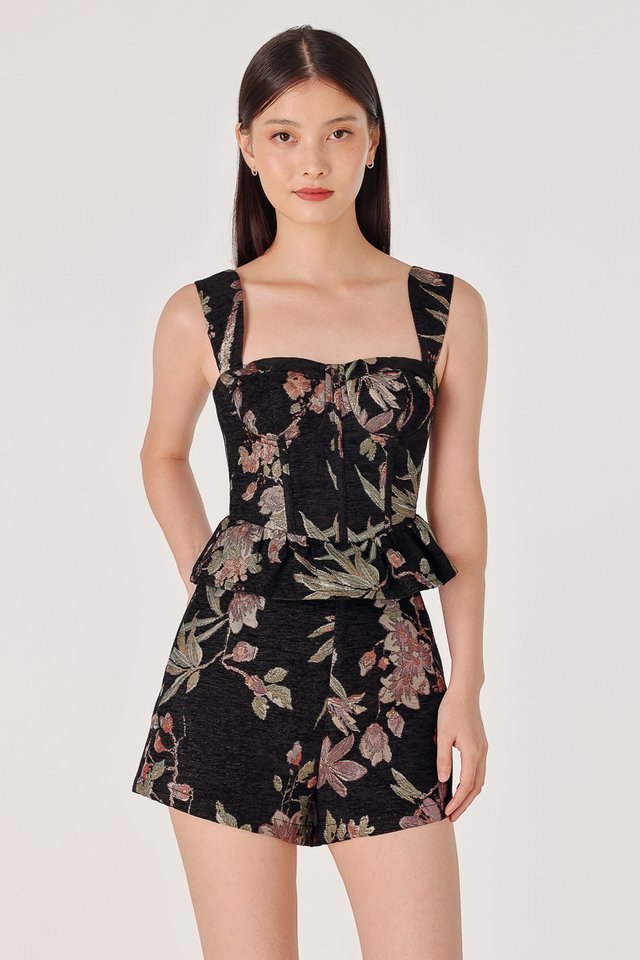 PATRINE PADDED BROCADE FLORAL CORSET PEPLUM TOP (BLACK)