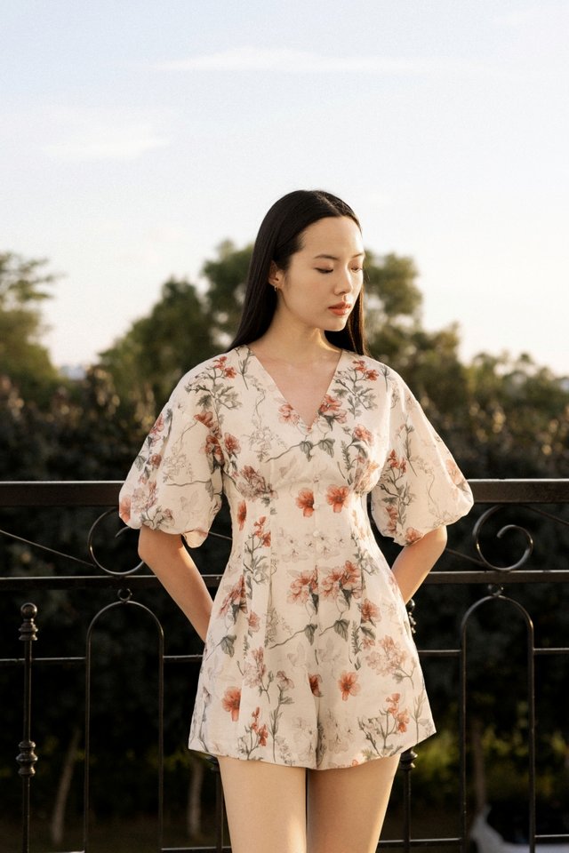 FANNY FLORAL BUTTON LANTERN SLEEVE ROMPER