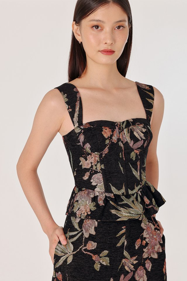 PATRINE PADDED BROCADE FLORAL CORSET PEPLUM TOP (BLACK)