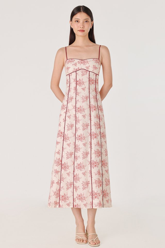 ROSELIA PADDED FLORAL LINEN CONTRAST PIPING MIDAXI DRESS