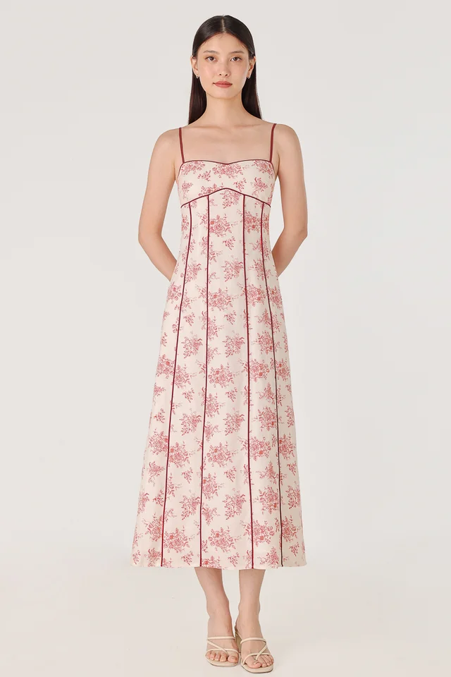 ROSELIA PADDED FLORAL LINEN CONTRAST PIPING MIDAXI DRESS