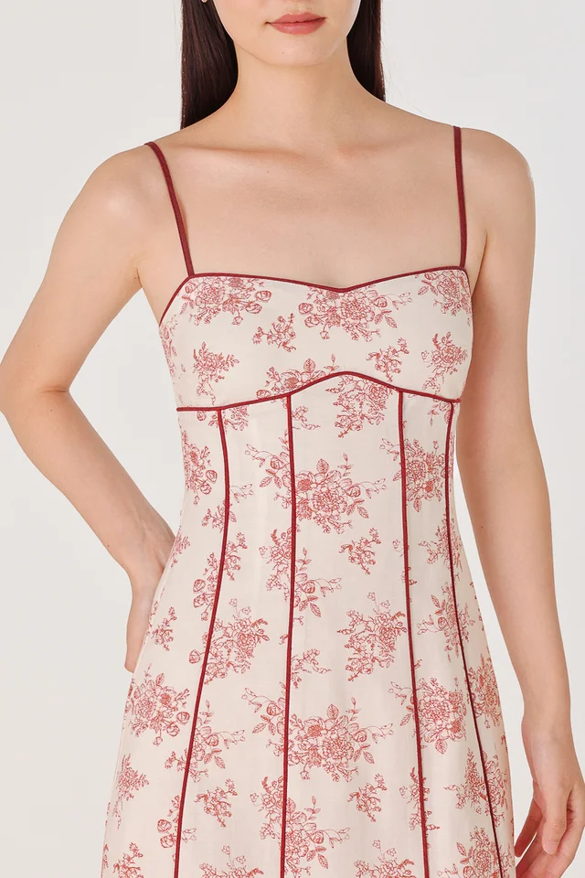 ROSELIA PADDED FLORAL LINEN CONTRAST PIPING MIDAXI DRESS