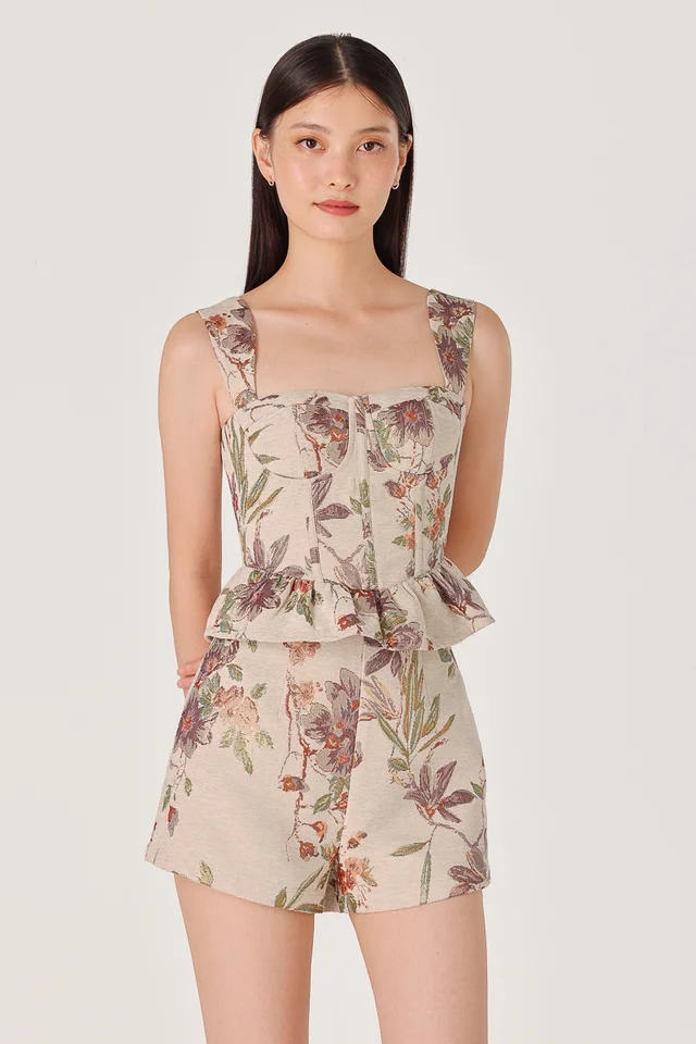 PATRINE PADDED BROCADE FLORAL CORSET PEPLUM TOP (CLAY)