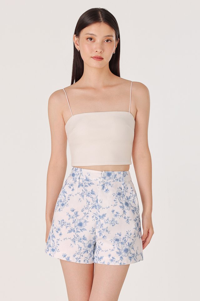 CAMELLIA LINEN PORCELAIN FLORAL FRONT CLASP SHORTS