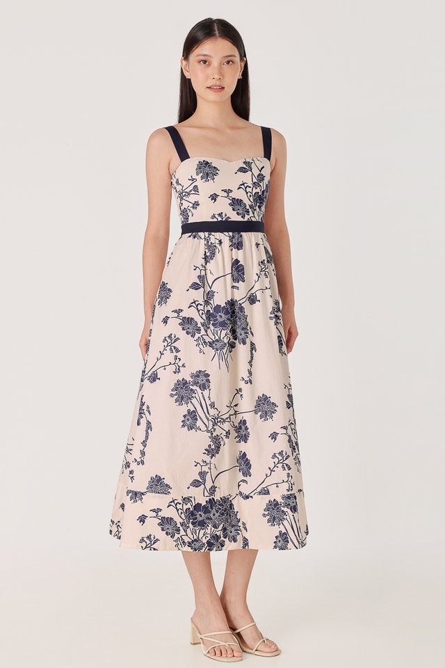 FIORELLA PADDED FLORAL CONTRAST MIDAXI DRESS