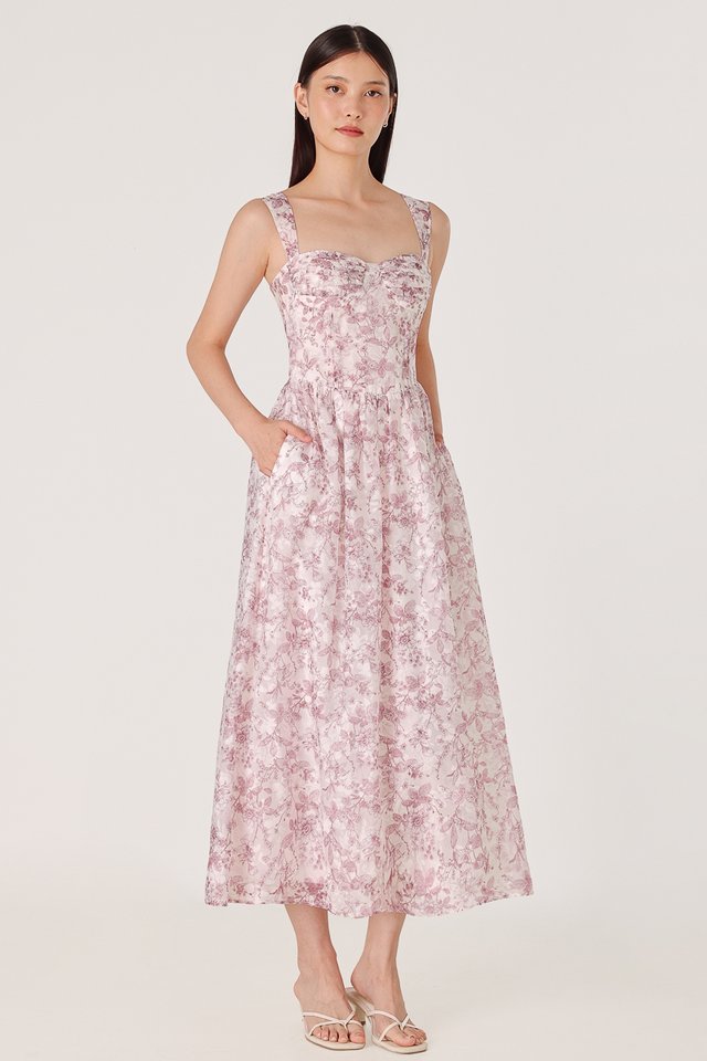 LILLIAN PADDED FLORAL ORGANZA RUCHED CORSET MIDAXI DRESS