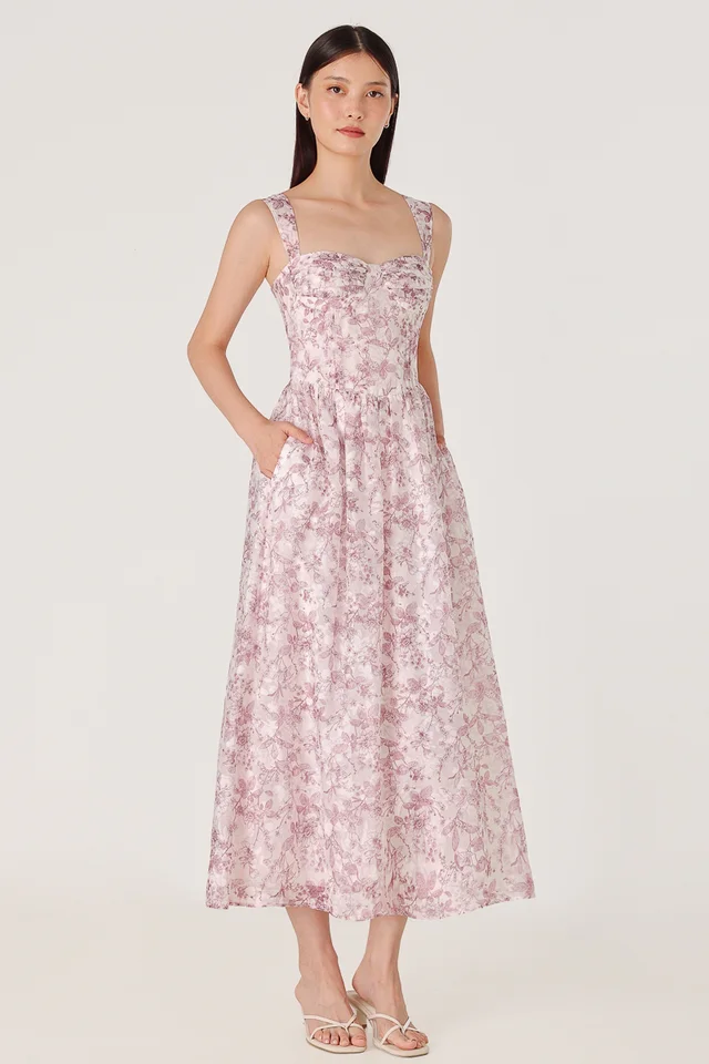 LILLIAN PADDED FLORAL ORGANZA RUCHED CORSET MIDAXI DRESS