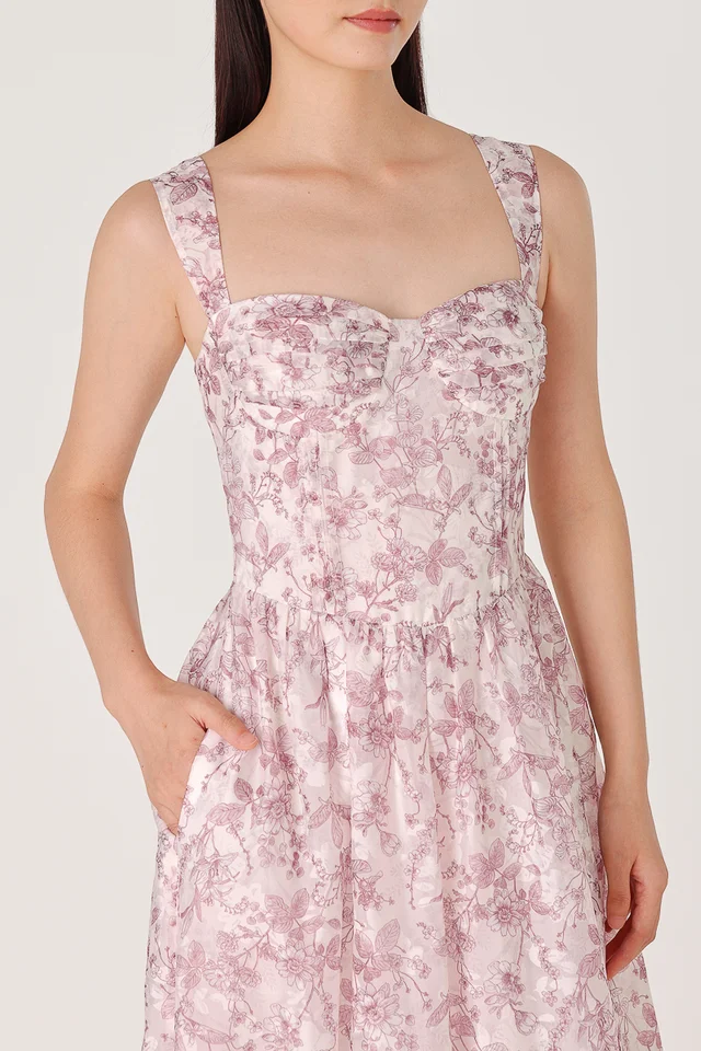 LILLIAN PADDED FLORAL ORGANZA RUCHED CORSET MIDAXI DRESS