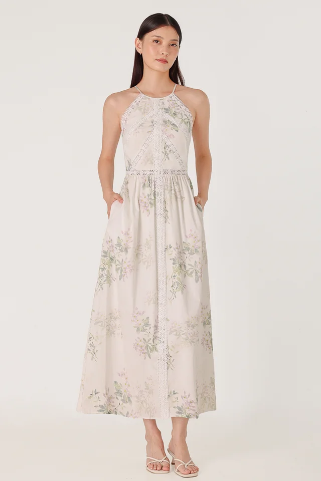ACACIA PADDED FLORAL LACE INSERT HALTER MAXI DRESS