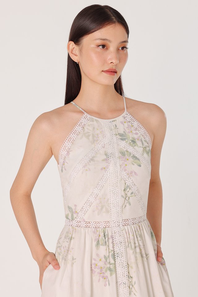 ACACIA PADDED FLORAL LACE INSERT HALTER MAXI DRESS