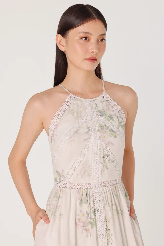 ACACIA PADDED FLORAL LACE INSERT HALTER MAXI DRESS