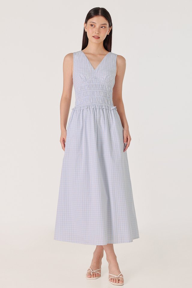 MIRA CHECKERED V-NECK EYELET TRIM MAXI DRESS