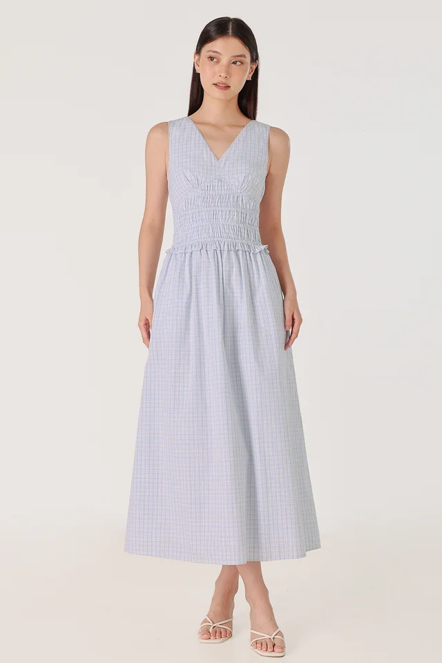 MIRA CHECKERED V-NECK EYELET TRIM MAXI DRESS (CHECKERED)