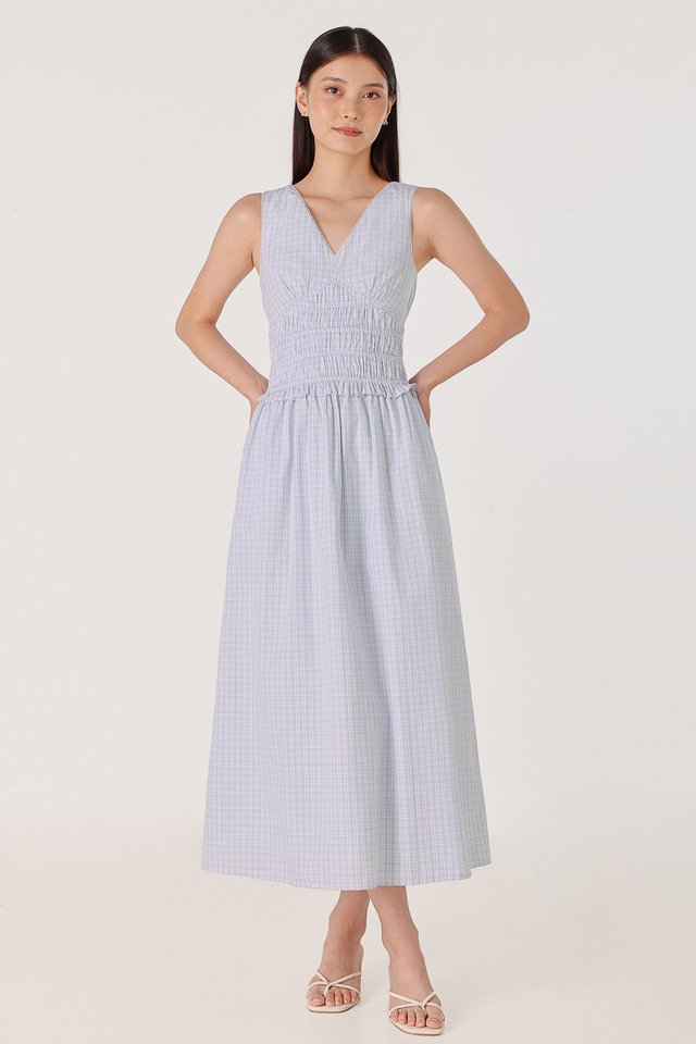 MIRA CHECKERED V-NECK EYELET TRIM MAXI DRESS