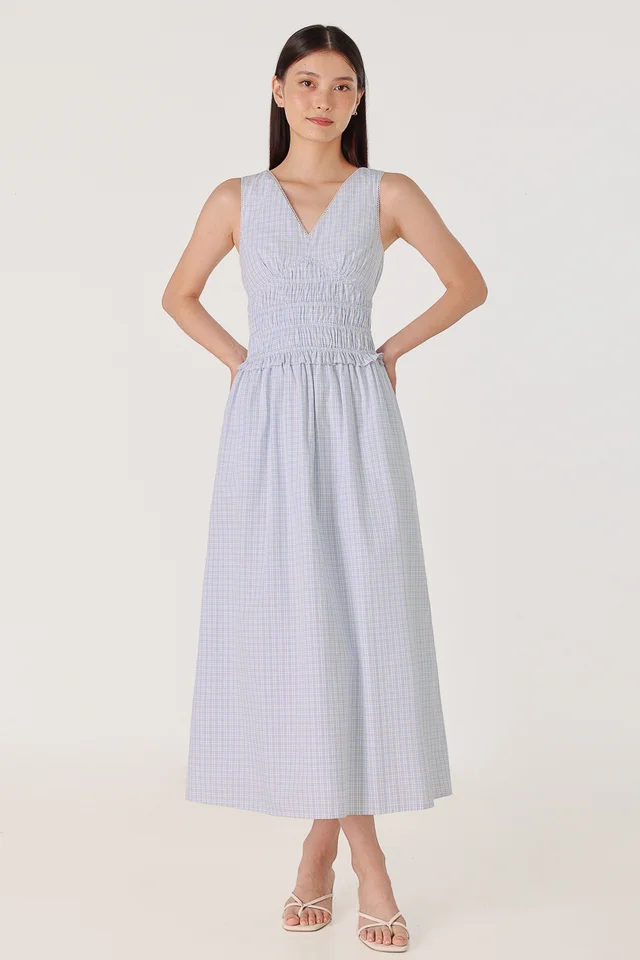 MIRA CHECKERED V-NECK EYELET TRIM MAXI DRESS (CHECKERED)