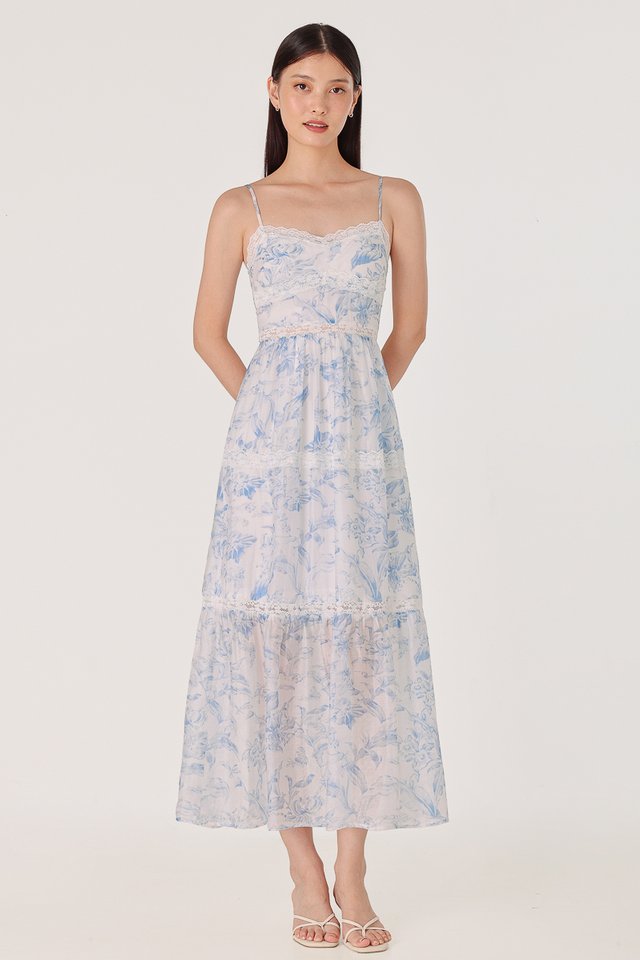 BOTANICAL PADDED FLORAL LACE TRIM TIERED MIDAXI DRESS