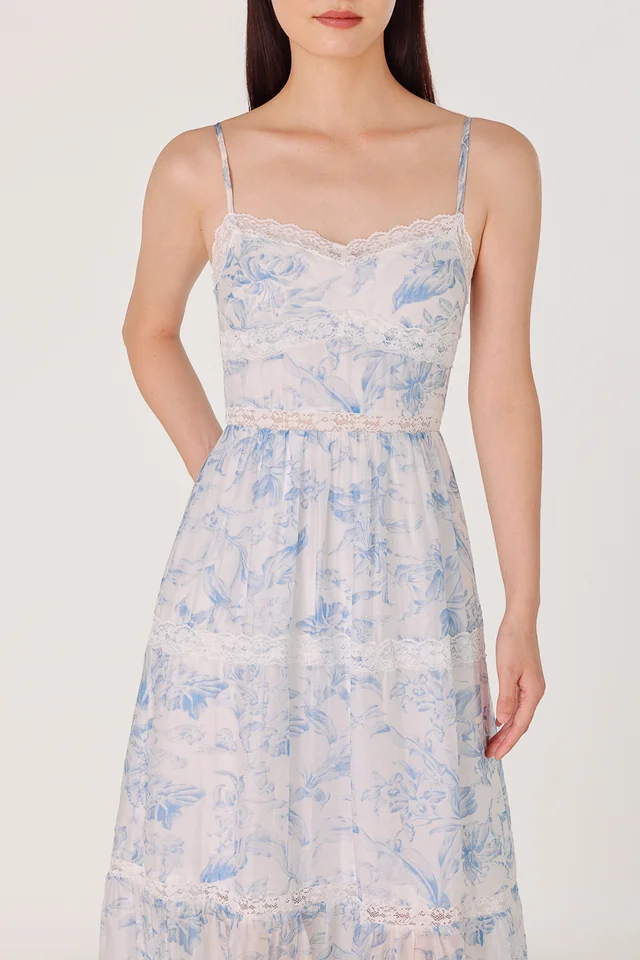 BOTANICAL PADDED FLORAL LACE TRIM TIERED MIDAXI DRESS
