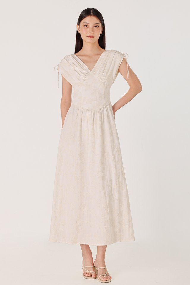 REIKO FLORAL JACQUARD DRAWSTRING CORSET MAXI DRESS