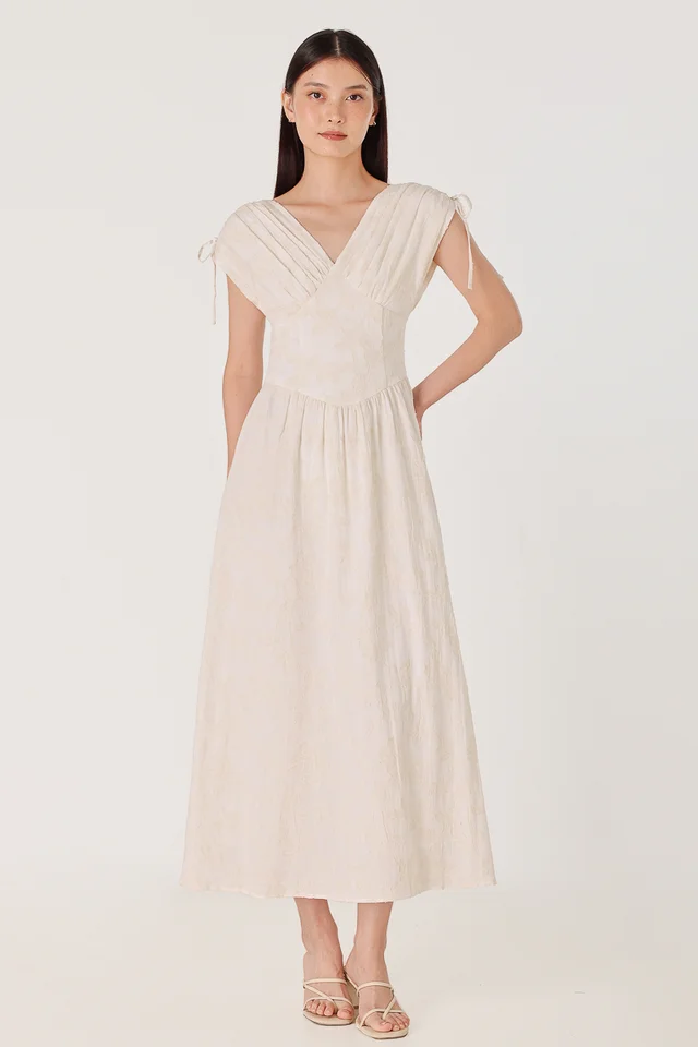 REIKO FLORAL JACQUARD DRAWSTRING CORSET MAXI DRESS