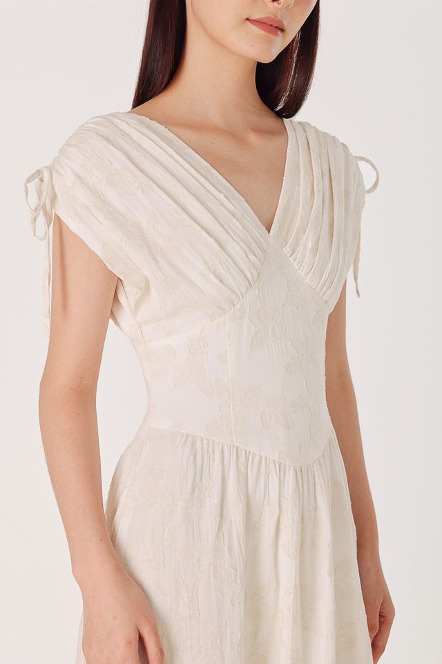 REIKO FLORAL JACQUARD DRAWSTRING CORSET MAXI DRESS