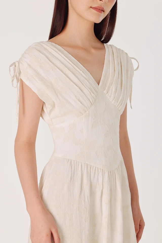 REIKO FLORAL JACQUARD DRAWSTRING CORSET MAXI DRESS