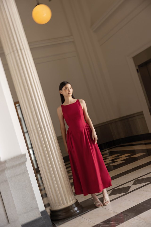 BRIDGETTE PADDED LINEN BOATNECK BACK CUT-OUT RIBBON MAXI DRESS