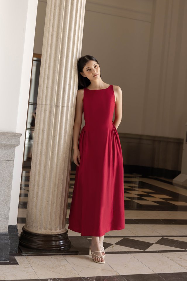 BRIDGETTE PADDED LINEN BOATNECK BACK CUT-OUT RIBBON MAXI DRESS