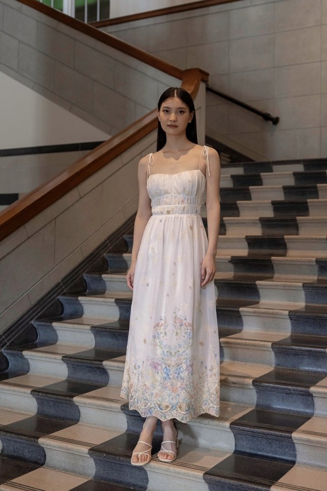 GARDENIA PADDED EMBROIDERED FLORAL CHIFFON RIBBON-TIE MIDAXI DRESS