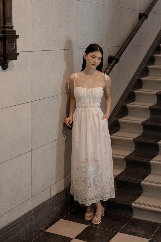 GARDENIA PADDED EMBROIDERED FLORAL CHIFFON RIBBON-TIE MIDAXI DRESS