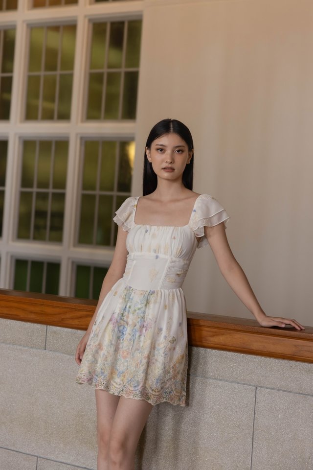 GRACIA PADDED EMBROIDERED FLORAL CHIFFON FLUTTER SLEEVE SKORTS DRESS